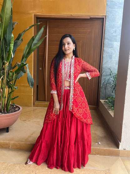 Thread Work Red Color Lehenga Choli With Bandhej Shrug