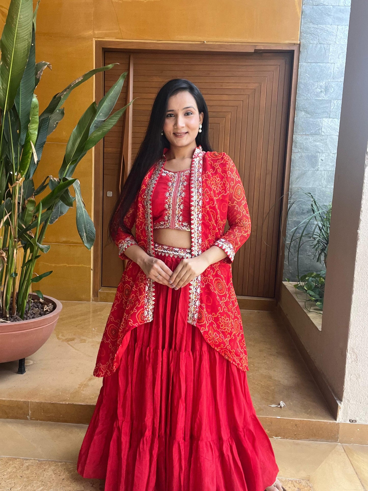 Thread Work Red Color Lehenga Choli With Bandhej Shrug