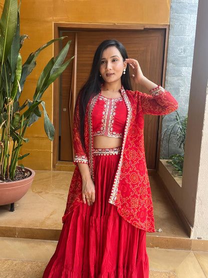 Thread Work Red Color Lehenga Choli With Bandhej Shrug