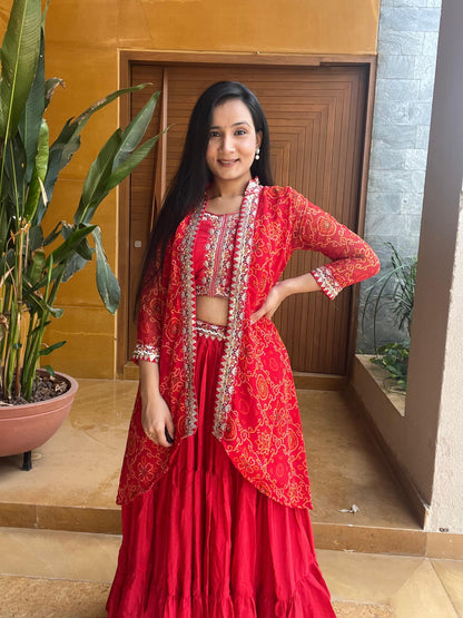 Thread Work Red Color Lehenga Choli With Bandhej Shrug