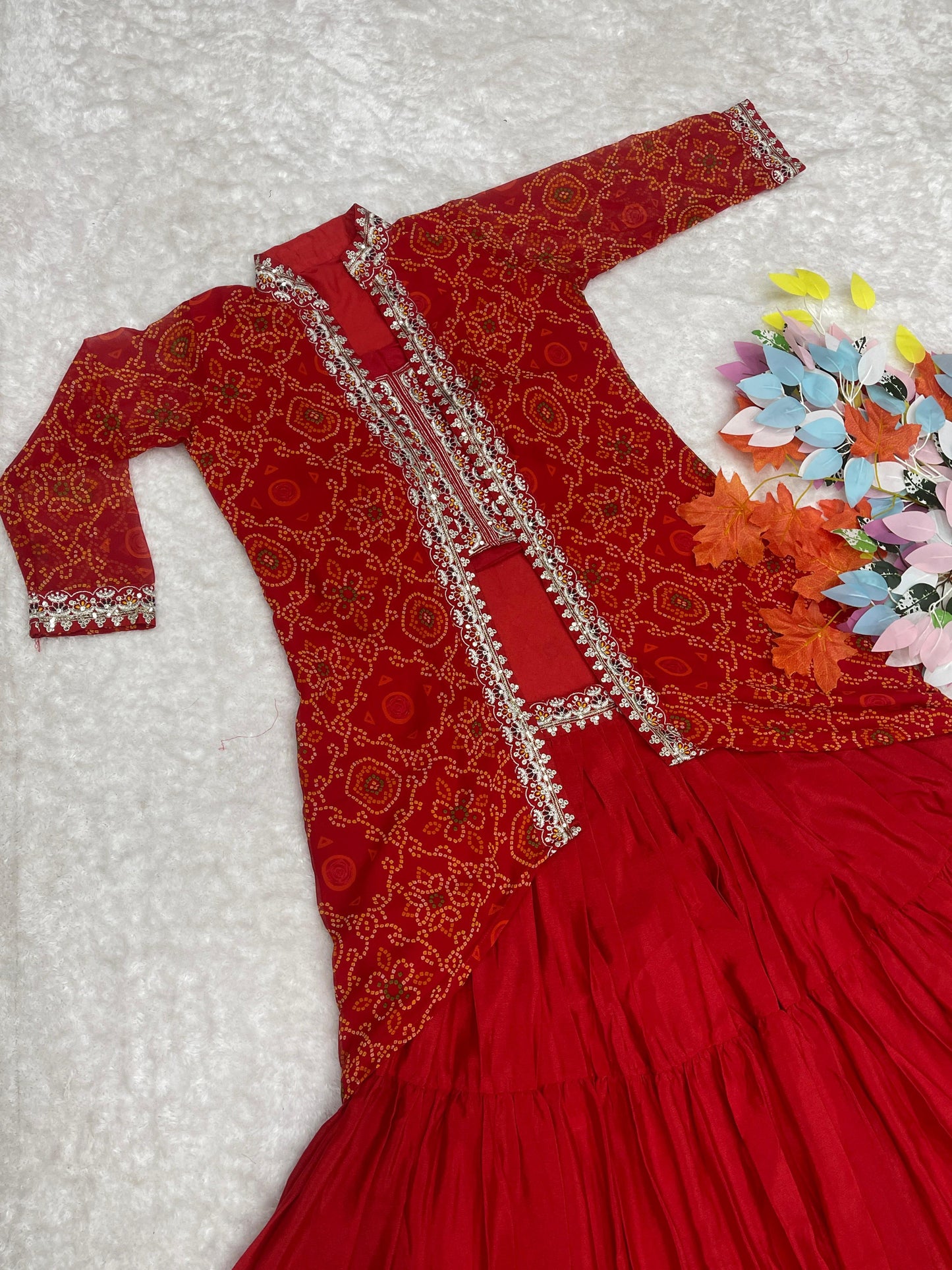 Thread Work Red Color Lehenga Choli With Bandhej Shrug