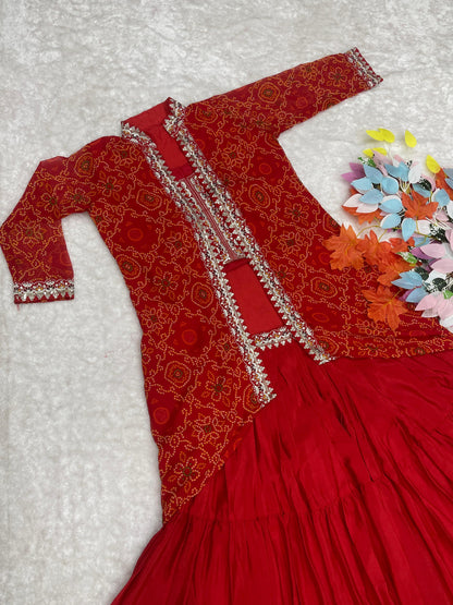 Thread Work Red Color Lehenga Choli With Bandhej Shrug