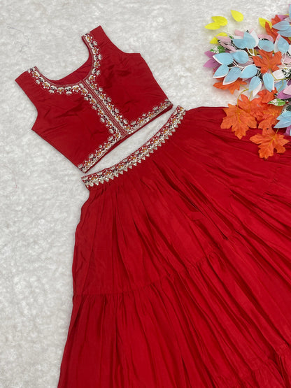 Thread Work Red Color Lehenga Choli With Bandhej Shrug