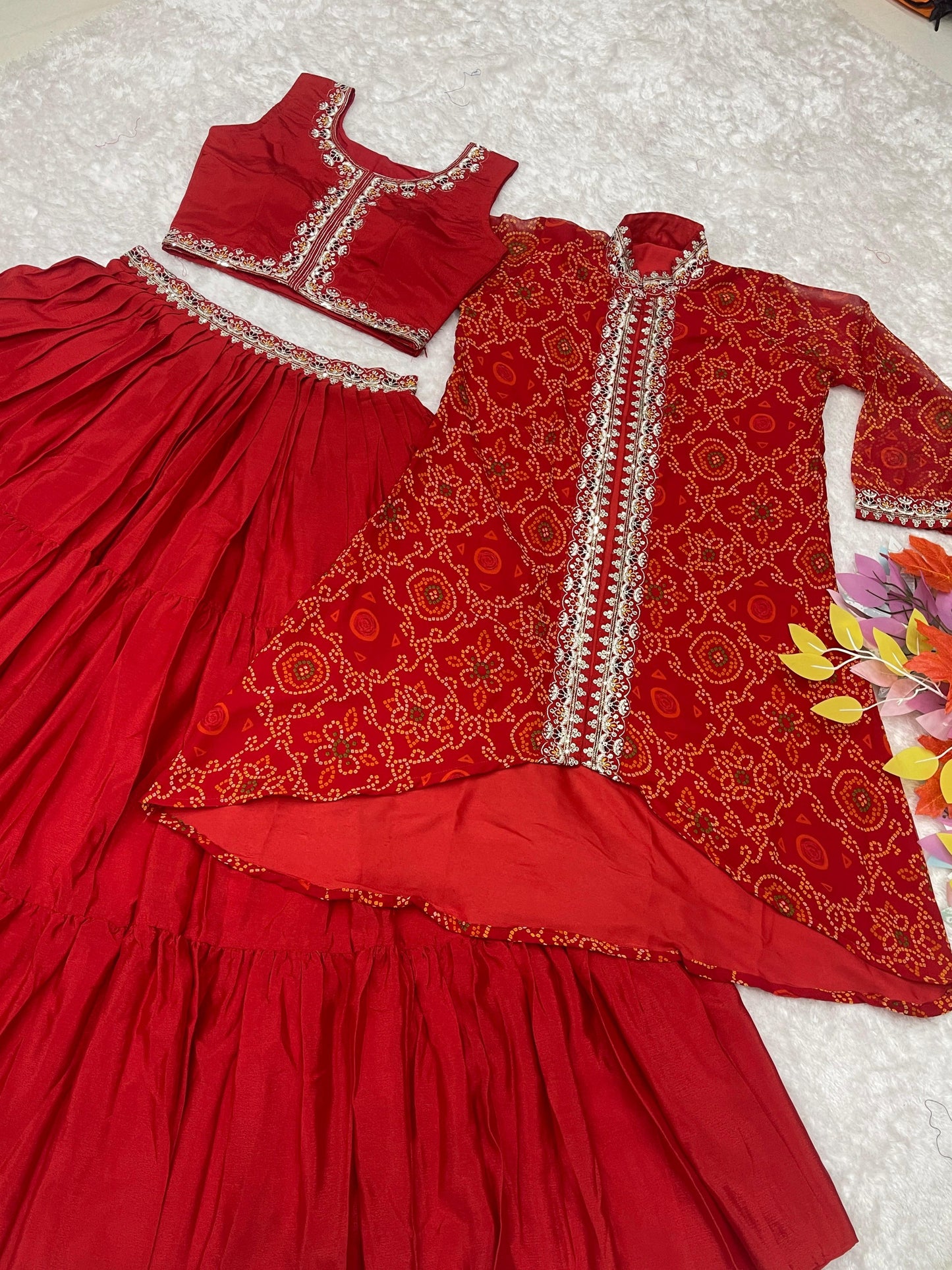 Thread Work Red Color Lehenga Choli With Bandhej Shrug