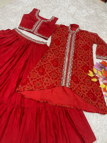Thread Work Red Color Lehenga Choli With Bandhej Shrug