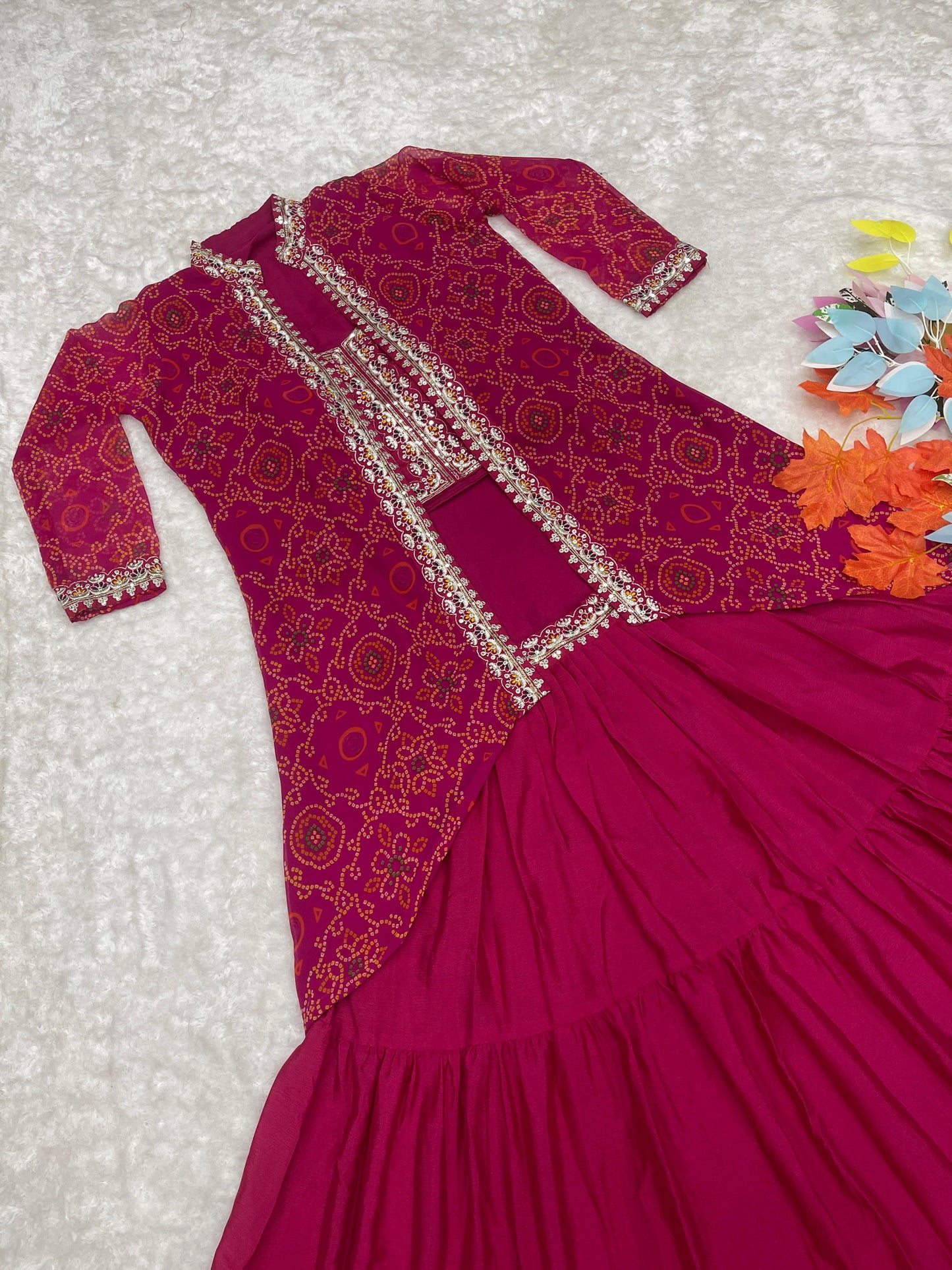 Thread Work Pink Color Lehenga Choli With Bandhej Shrug