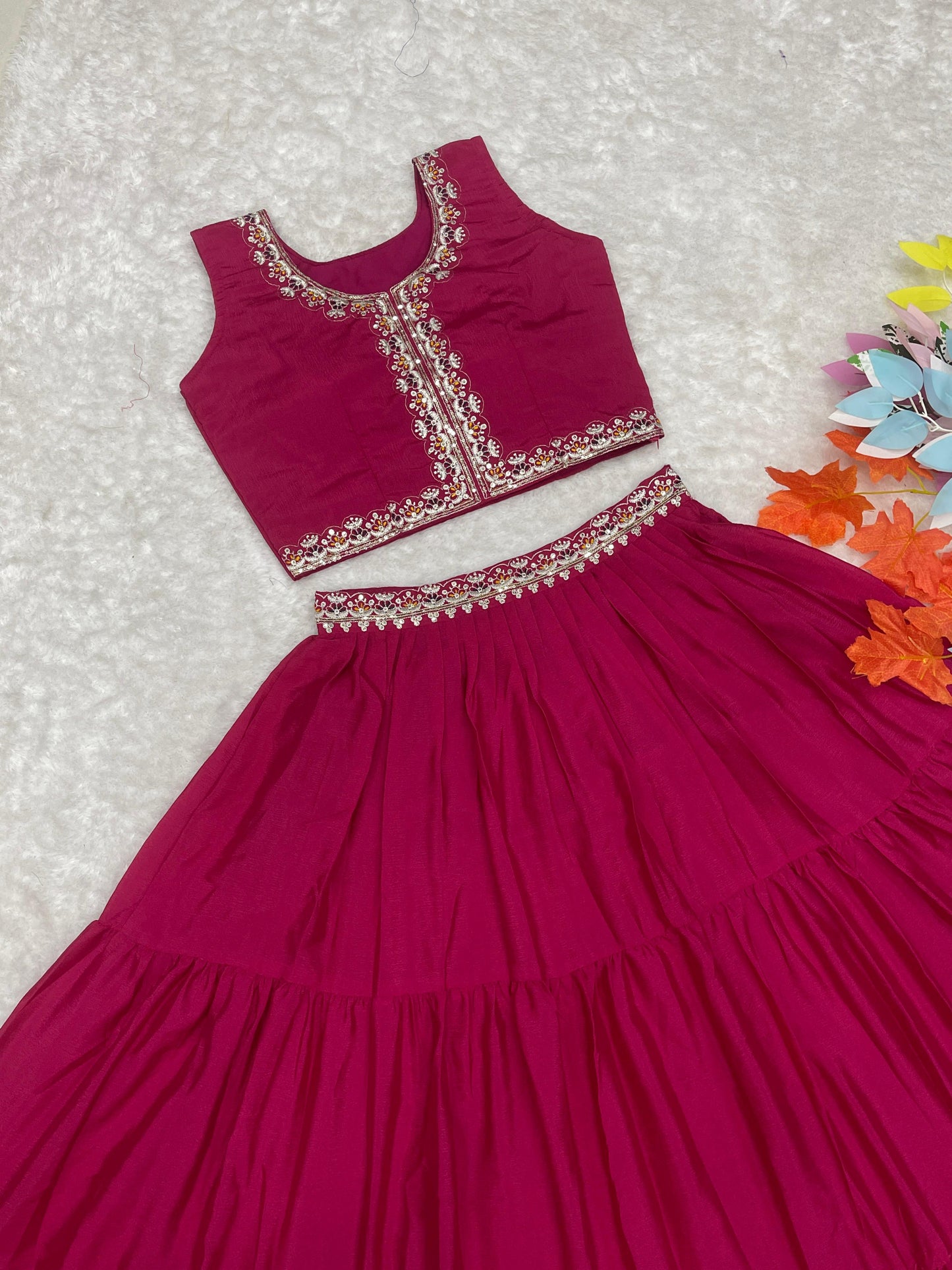 Thread Work Pink Color Lehenga Choli With Bandhej Shrug