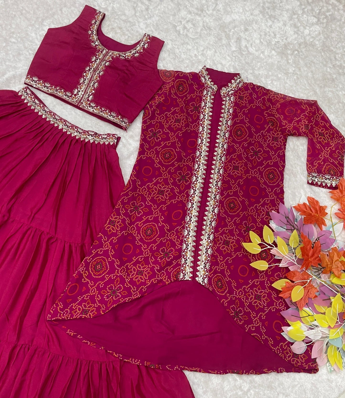 Thread Work Pink Color Lehenga Choli With Bandhej Shrug