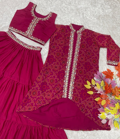 Thread Work Pink Color Lehenga Choli With Bandhej Shrug