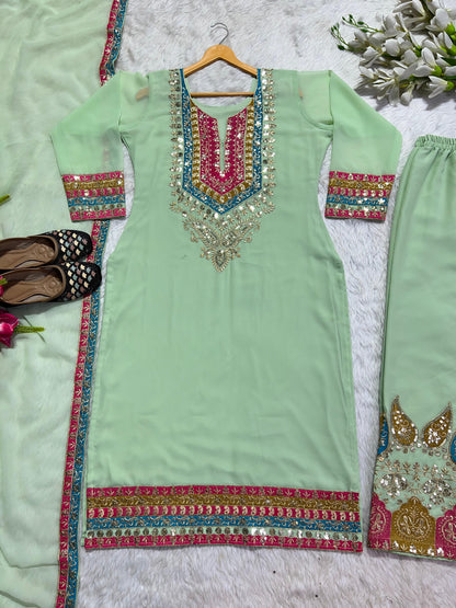 Stunning Pista Green Embroidery Work Salwar Suit