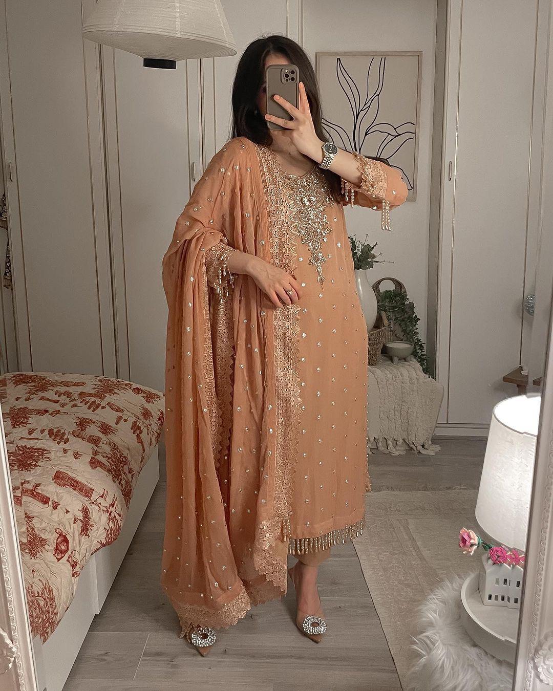 Sequence With Embroidery Work Peach Color Salwar Suit