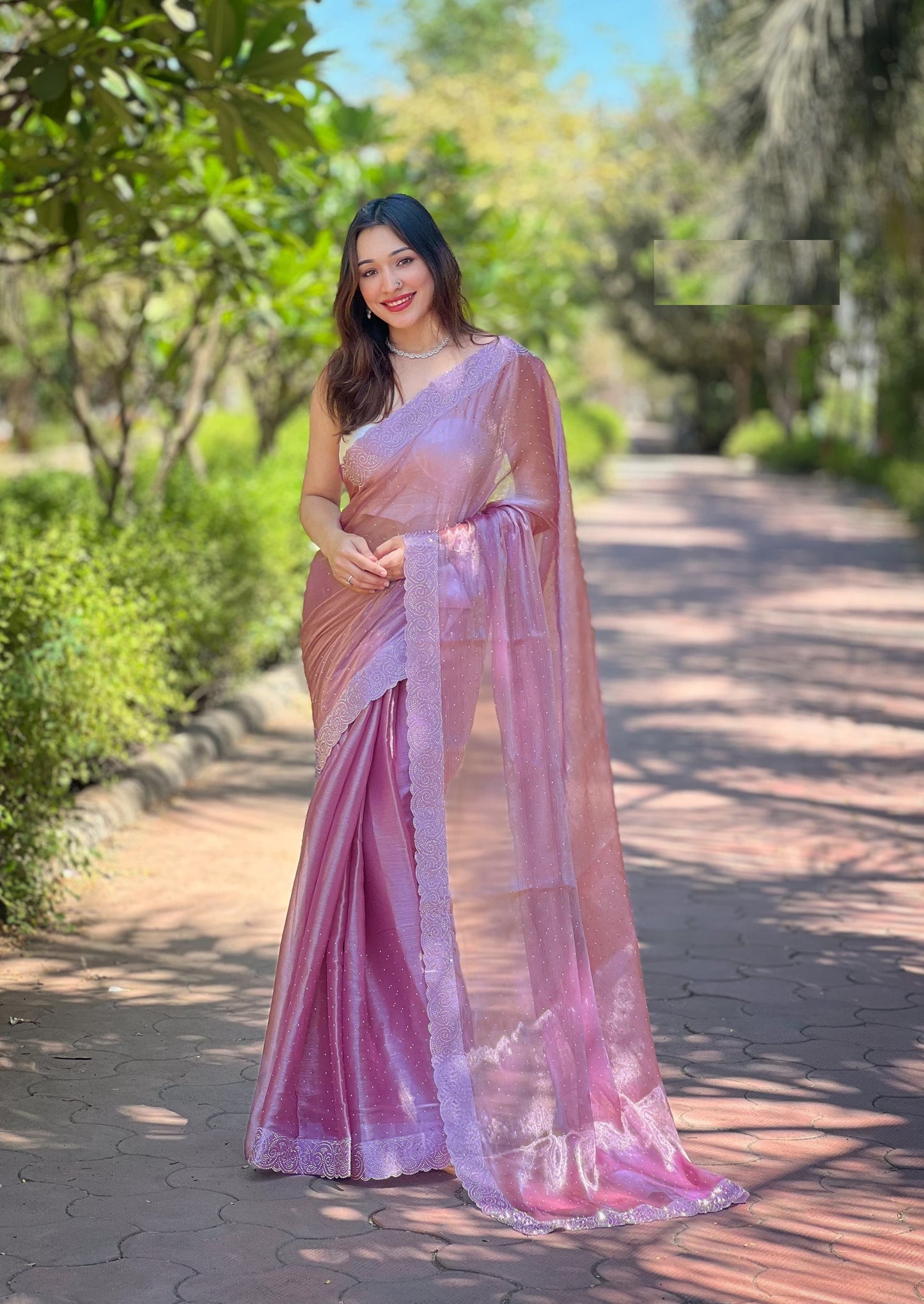 Superior Silver Swarovski Diamond Work Onion Color Saree