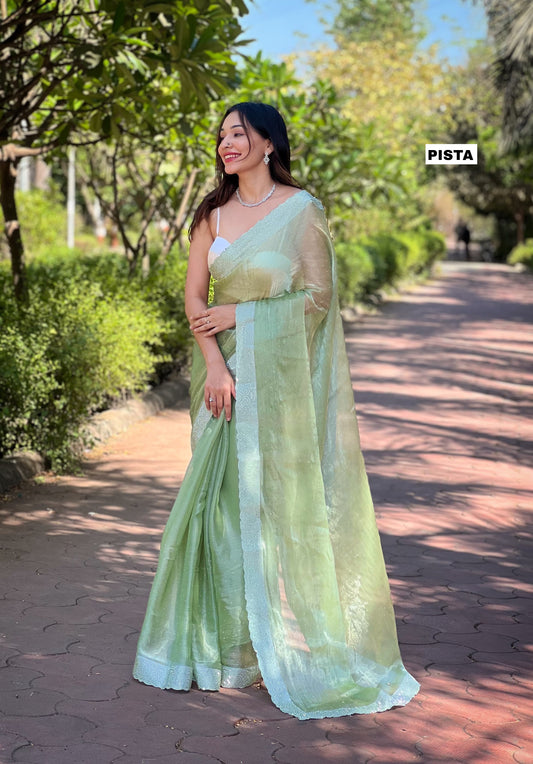 Beautiful Silver Swarovski Diamond Work Pista  Color Saree