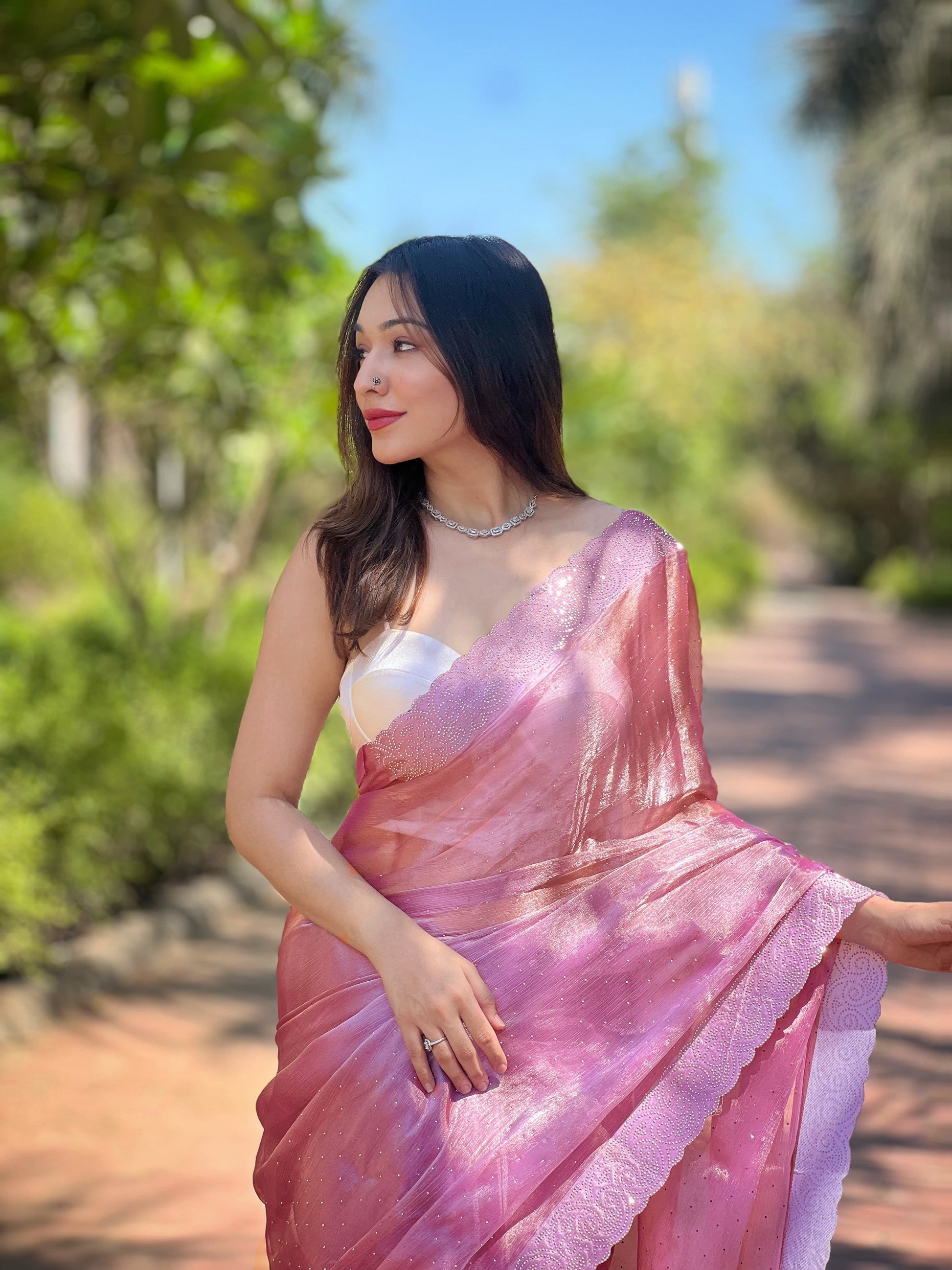 Beautiful Silver Swarovski Diamond Work Gajari Color Saree