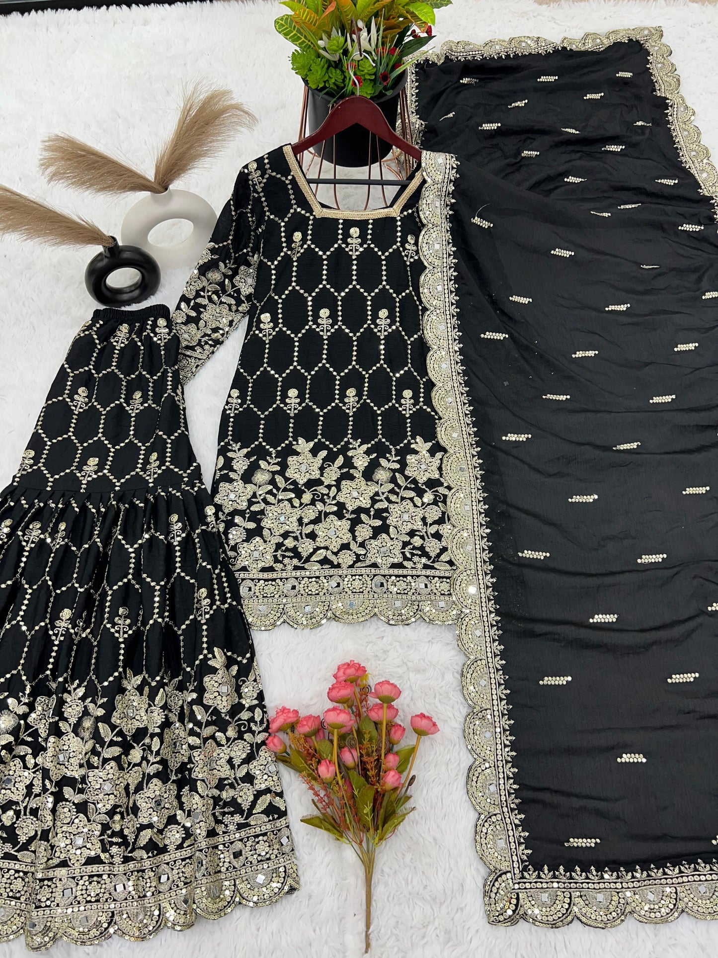 Gorgeous Embroidery Sequence Work Black  Color Sharara Suit