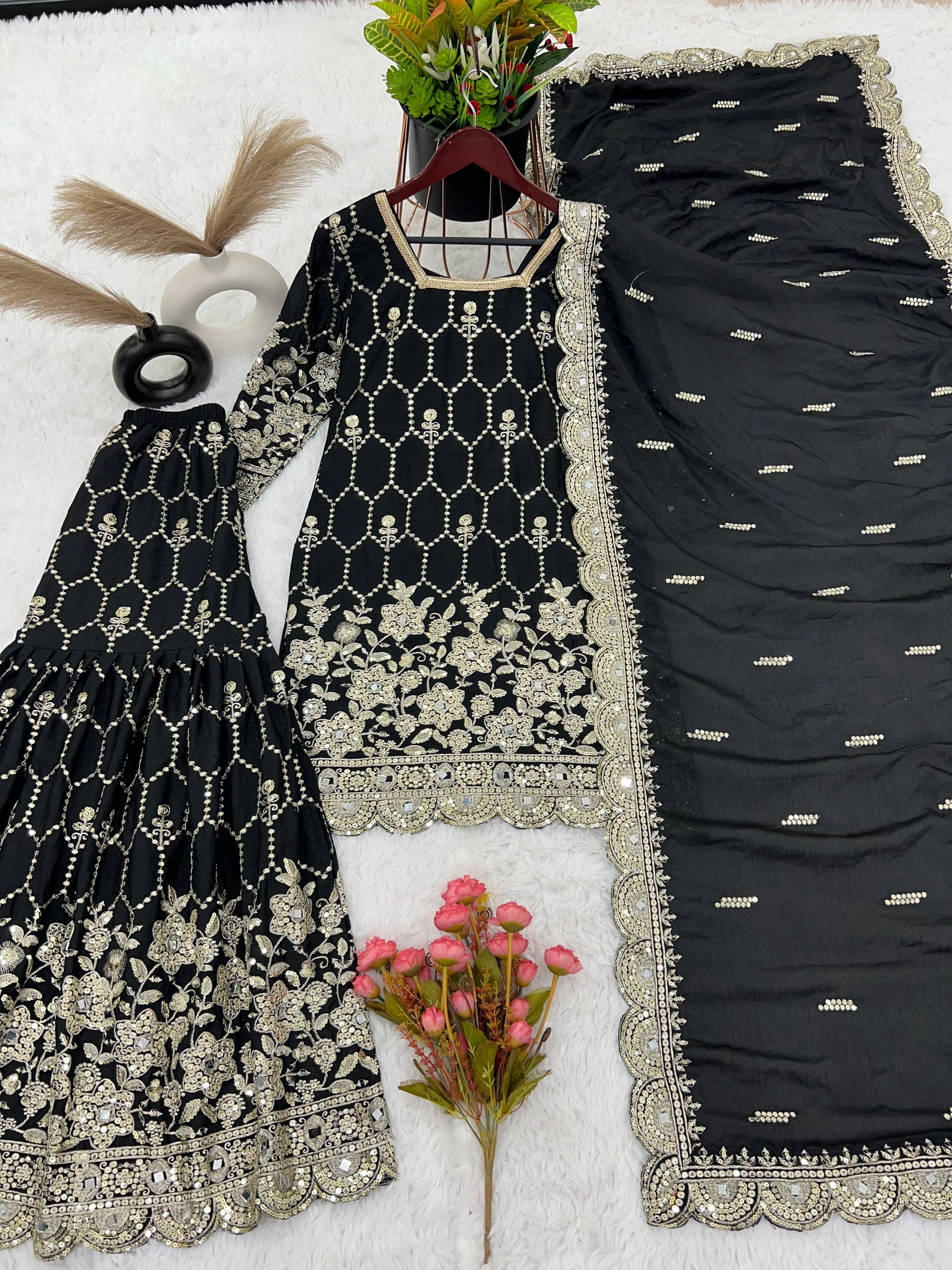 Gorgeous Embroidery Sequence Work Black  Color Sharara Suit