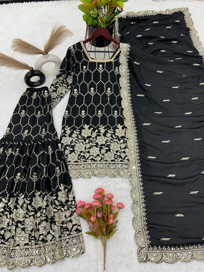Gorgeous Embroidery Sequence Work Black  Color Sharara Suit