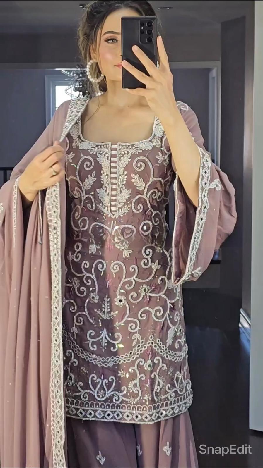 Mirror Hand Work Beige Color Sharara Suit