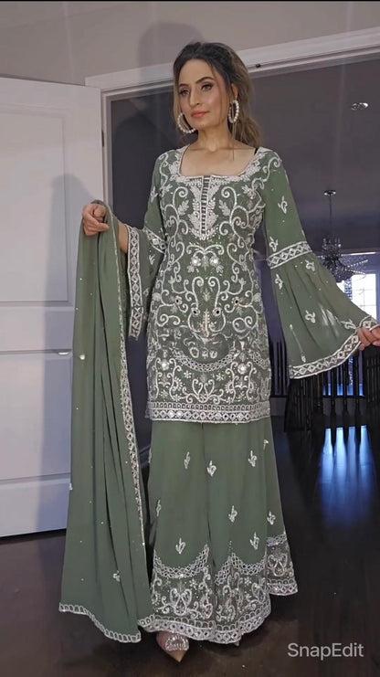 Mirror Hand Work Green Color Sharara Suit