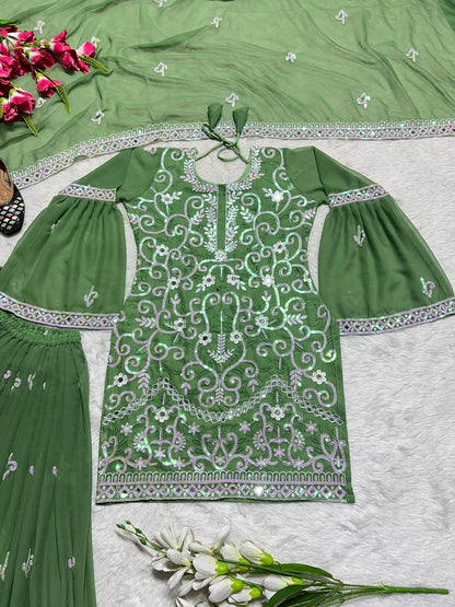 Mirror Hand Work Green Color Sharara Suit