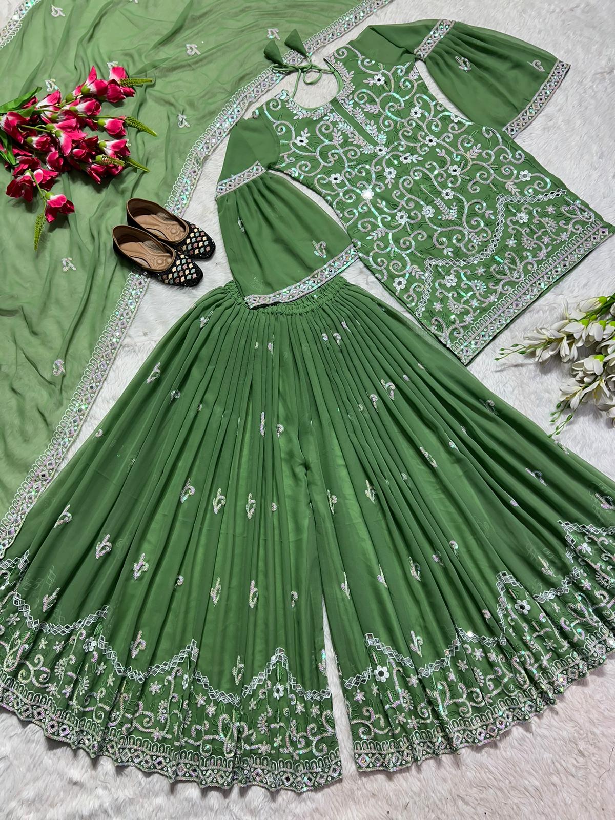 Mirror Hand Work Green Color Sharara Suit