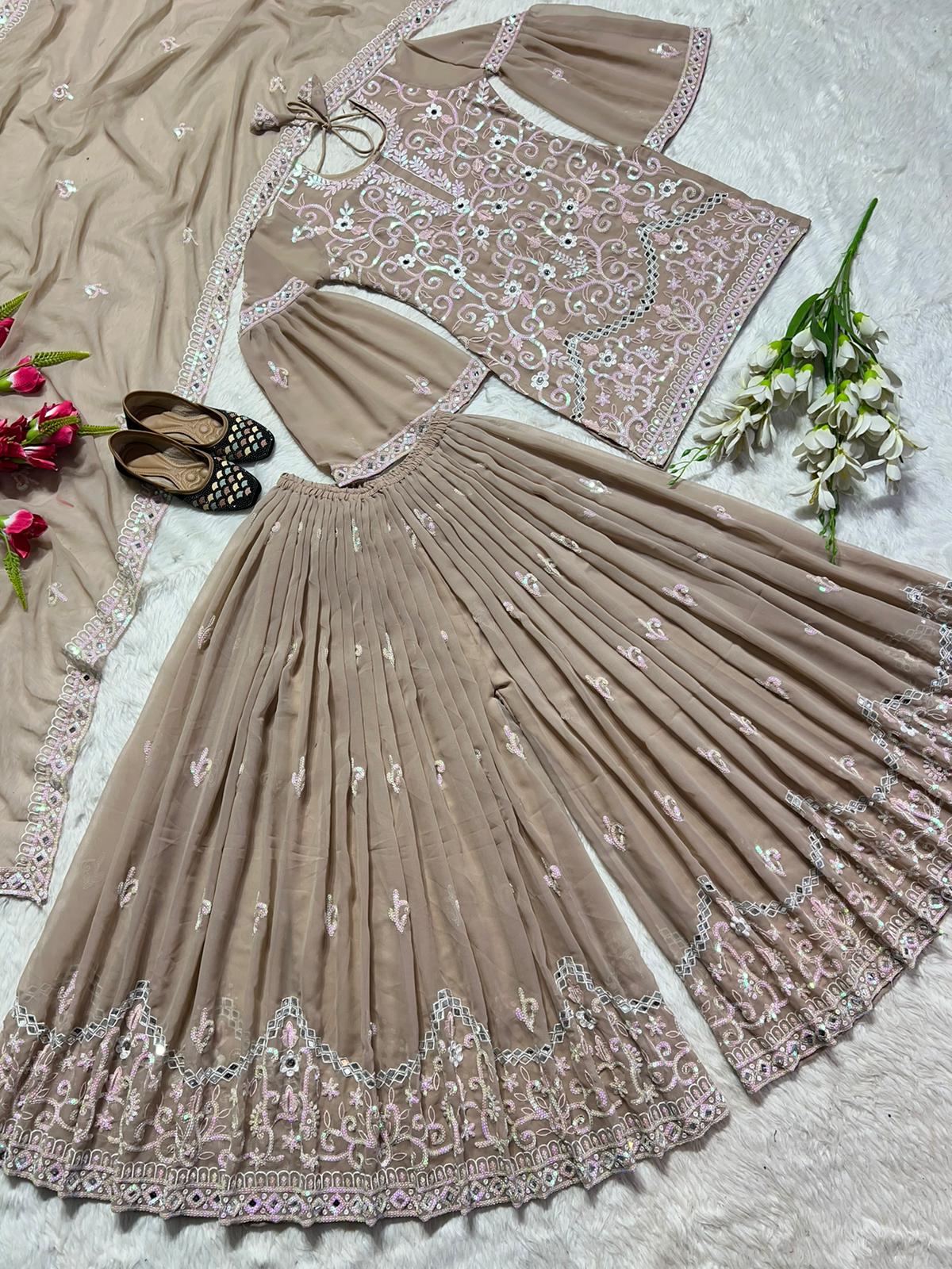Mirror Hand Work Beige Color Sharara Suit