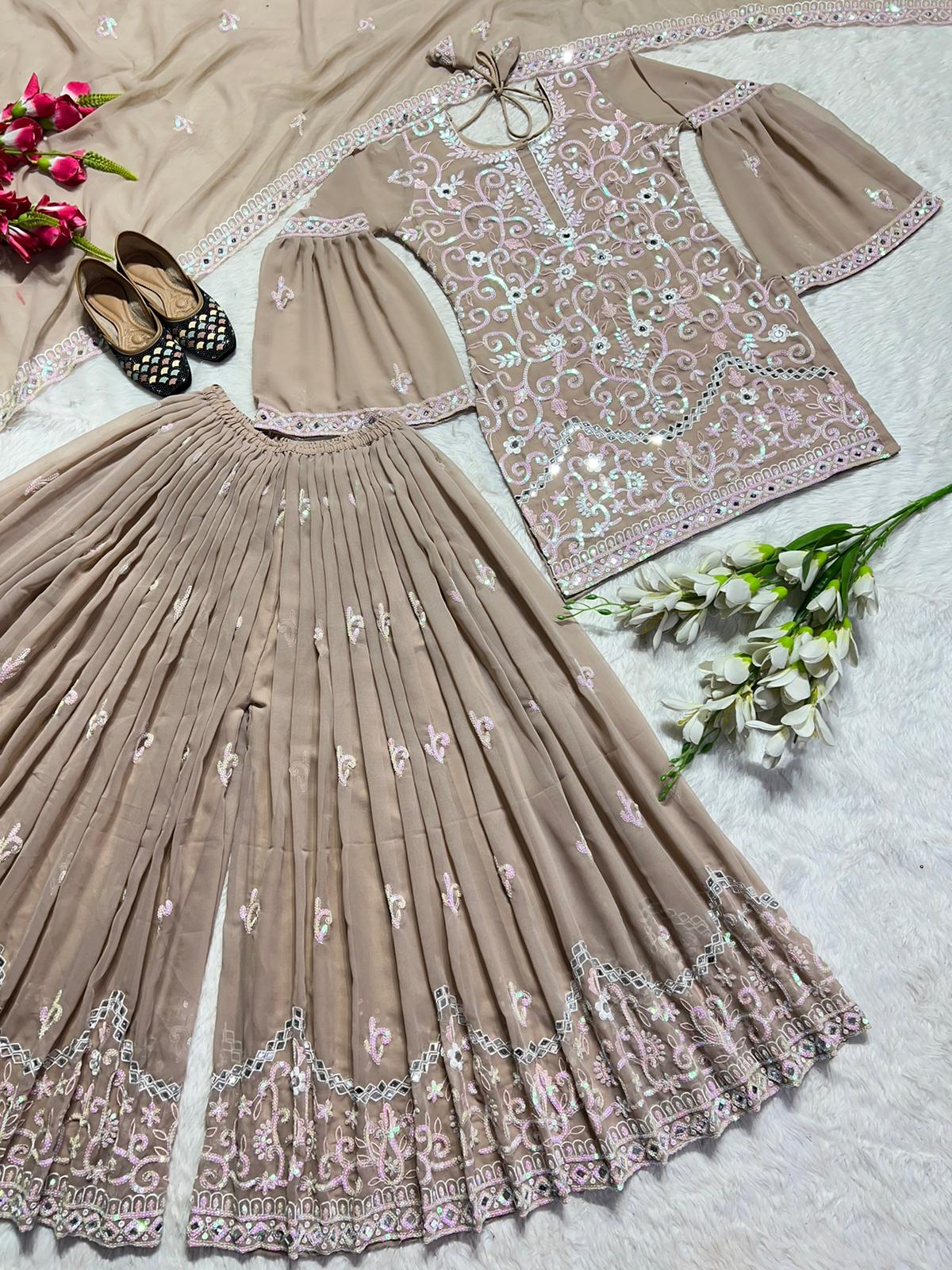 Mirror Hand Work Beige Color Sharara Suit