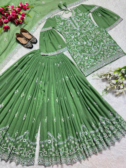 Mirror Hand Work Green Color Sharara Suit