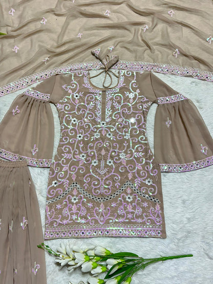 Mirror Hand Work Beige Color Sharara Suit