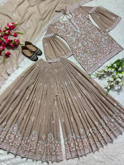 Mirror Hand Work Beige Color Sharara Suit