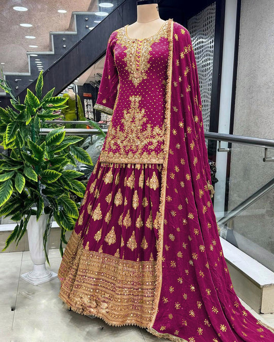 Presenting Embroidery Sequence Work Pink  Color Sharara Suit