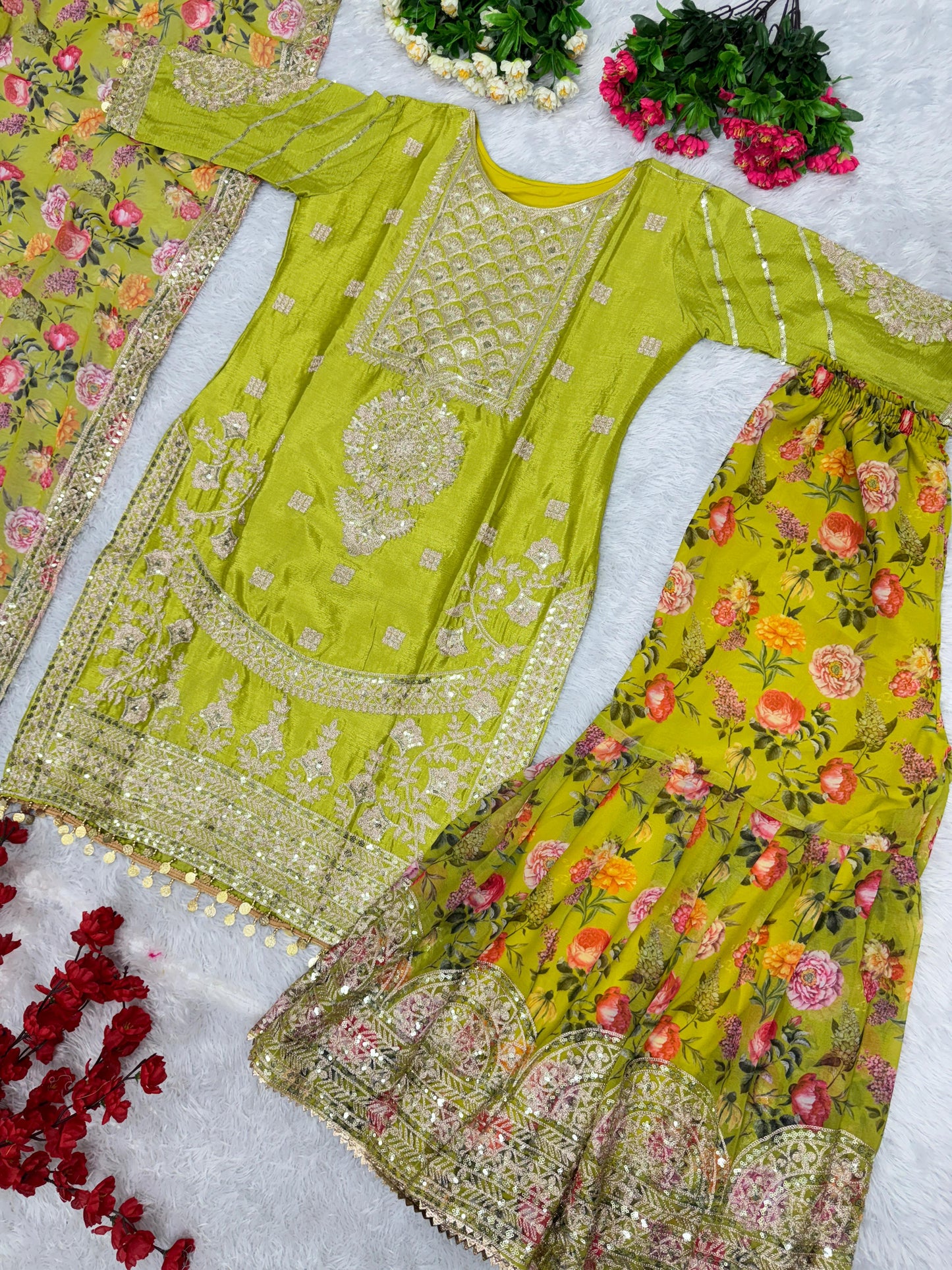 Exclusive Work Parrot Green Color Full Stitched Sharara Suit
