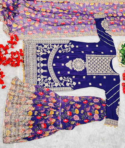 Exclusive Work Purple Color Full Stitched Sharara Suit