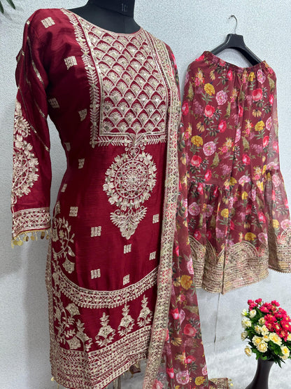 Attractive Sequins Work Red Color Plazzo Suit
