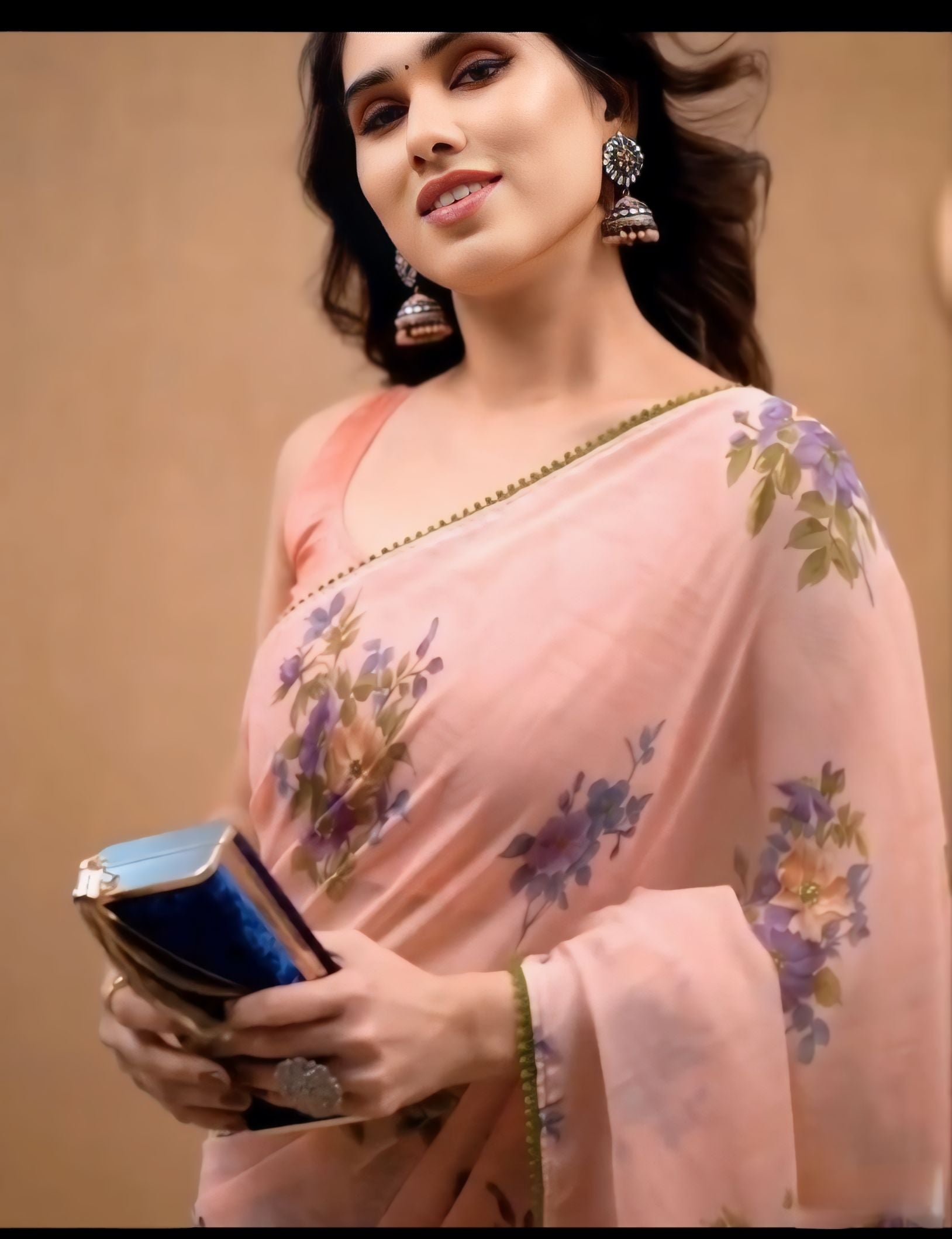 Beautiful Peach Color Flower Design Ready To Wear Saree