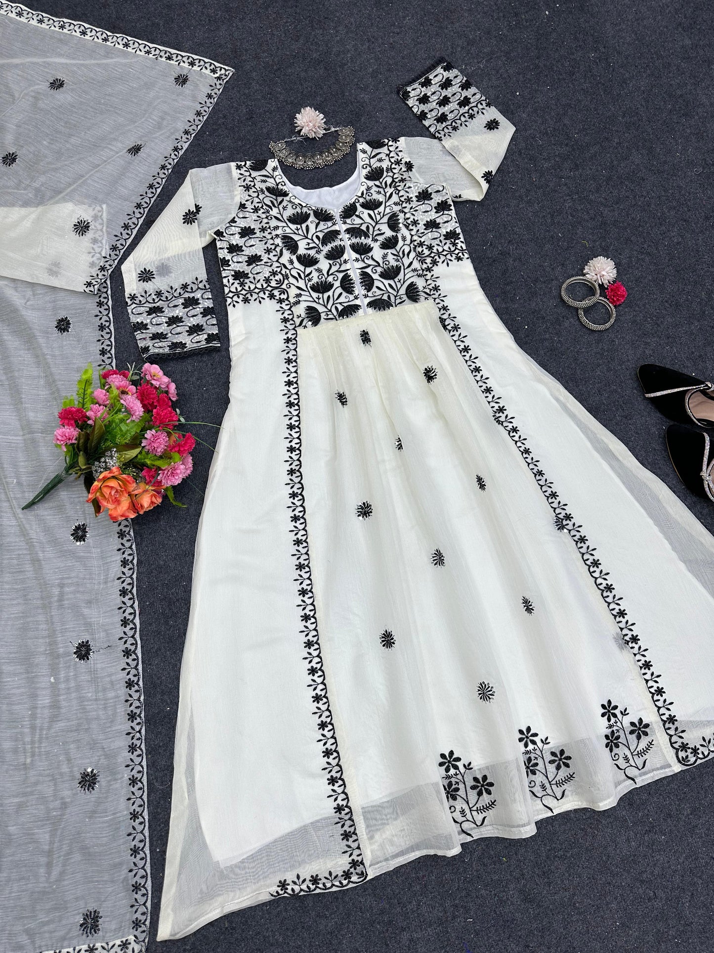 Captivating Thread With Sequences Work White Color Anarkali Suit