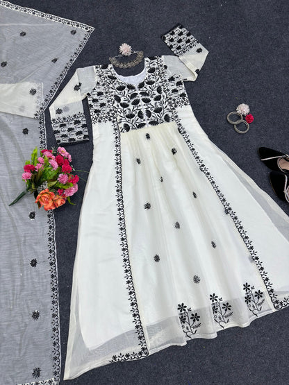 Captivating Thread With Sequences Work White Color Anarkali Suit
