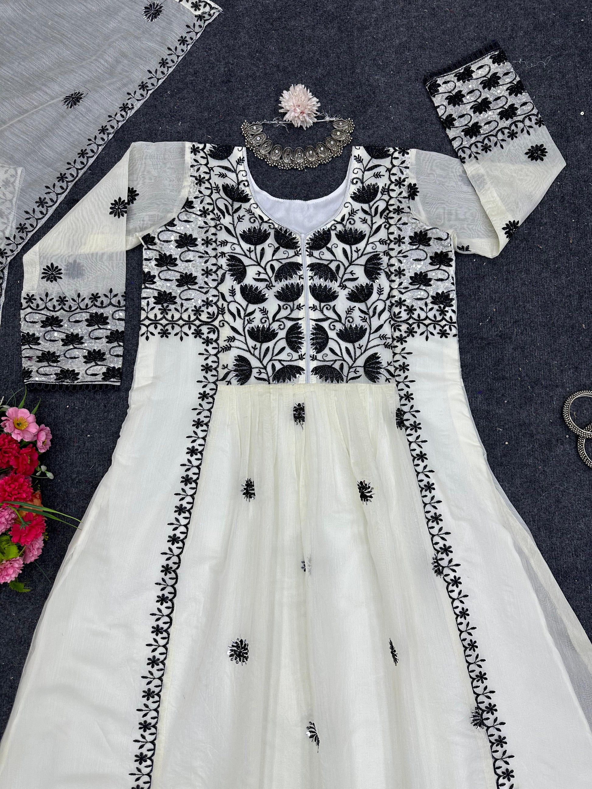 Captivating Thread With Sequences Work White Color Anarkali Suit