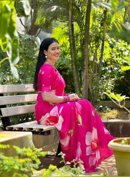 Shining Beautiful Floral Print  Pink Color Saree