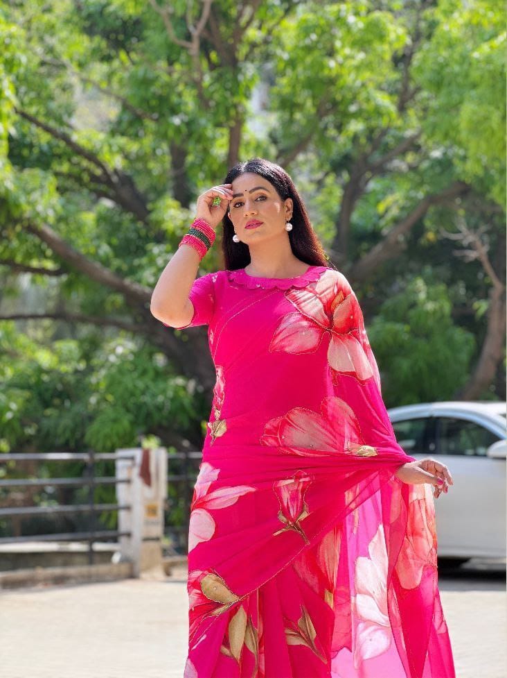 Shining Beautiful Floral Print  Pink Color Saree