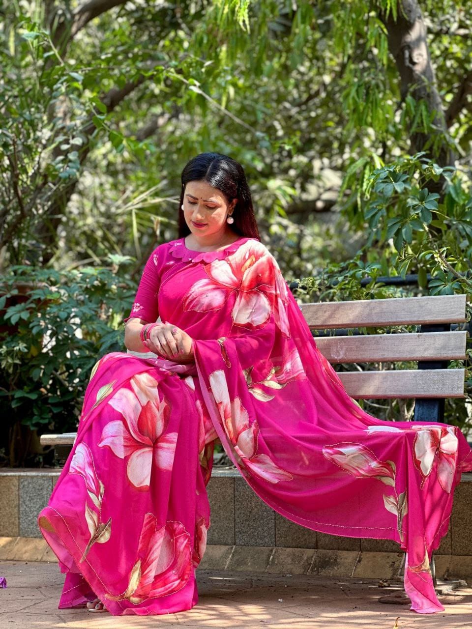 Shining Beautiful Floral Print  Pink Color Saree
