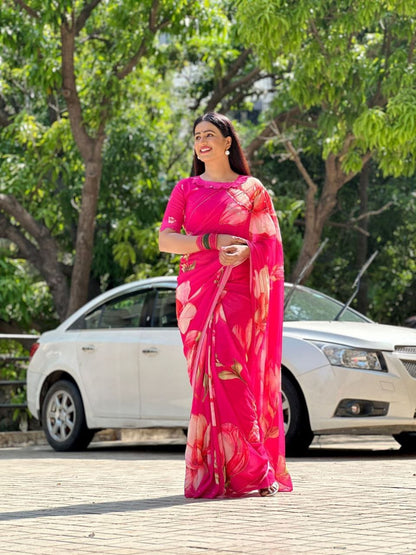 Shining Beautiful Floral Print  Pink Color Saree