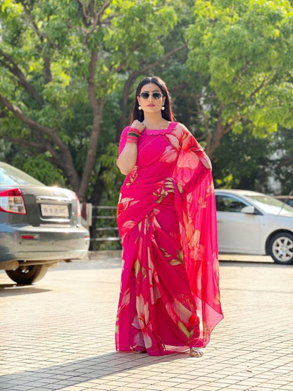 Shining Beautiful Floral Print  Pink Color Saree