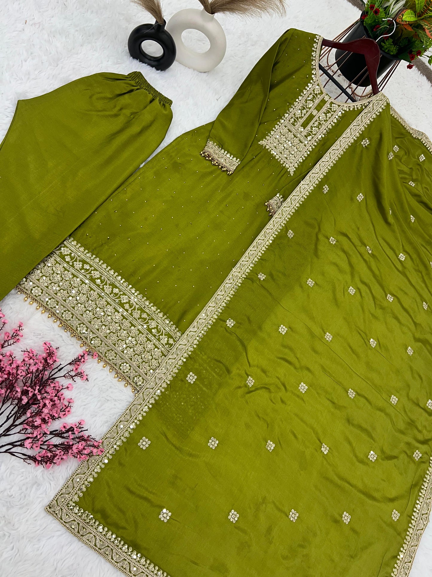 Exotic  Embroidery Work Perrot Color Plazzo Suit