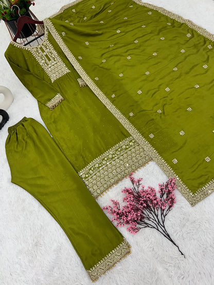 Exotic  Embroidery Work Perrot Color Plazzo Suit