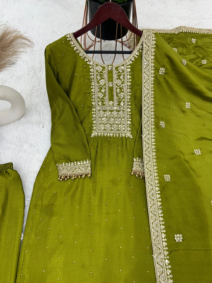 Exotic  Embroidery Work Perrot Color Plazzo Suit