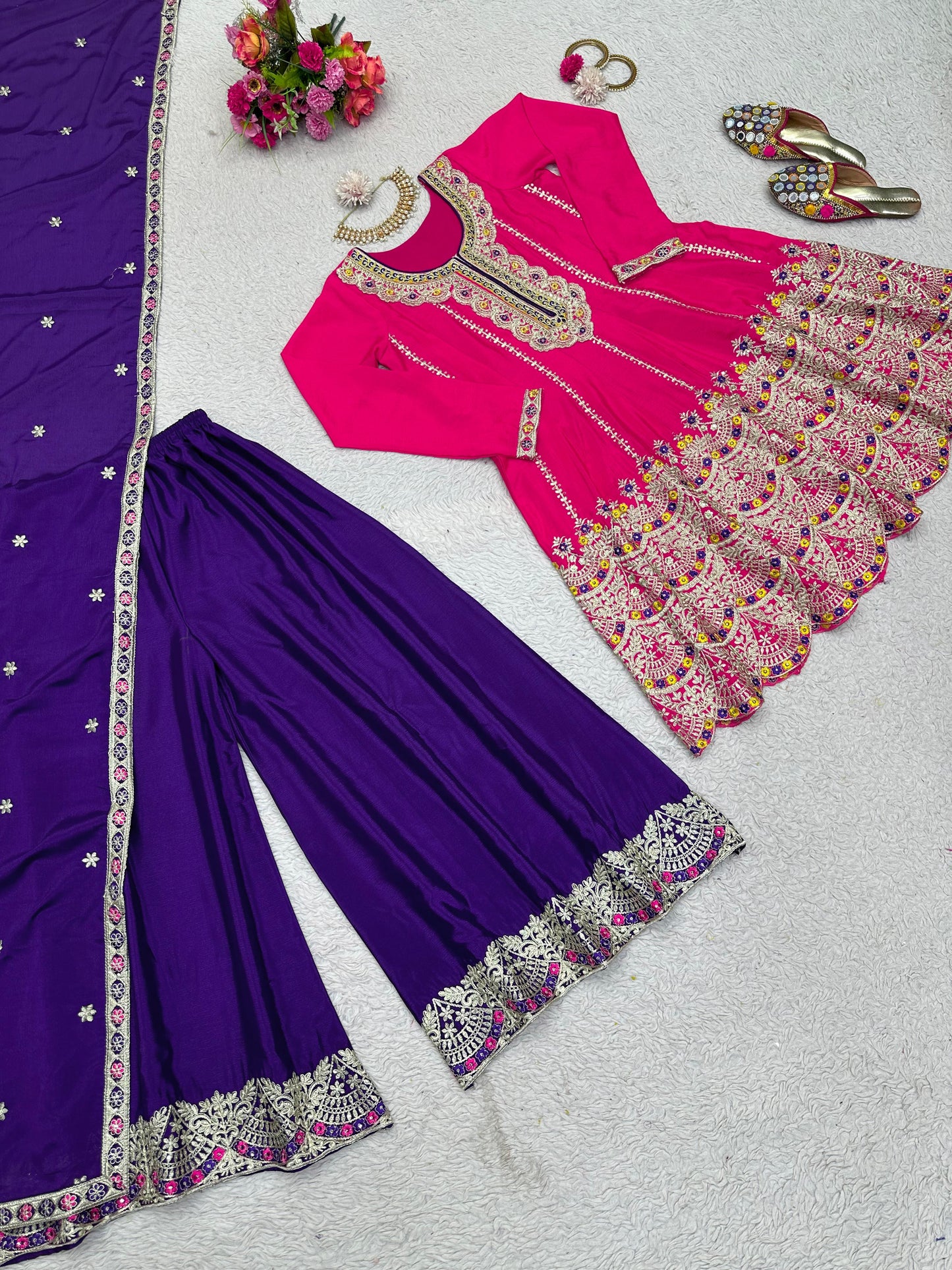 Heavy Pink With Purple Palazzo Suit