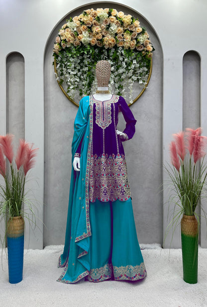 Heavy Purple With Sky Blue Palazzo Suit
