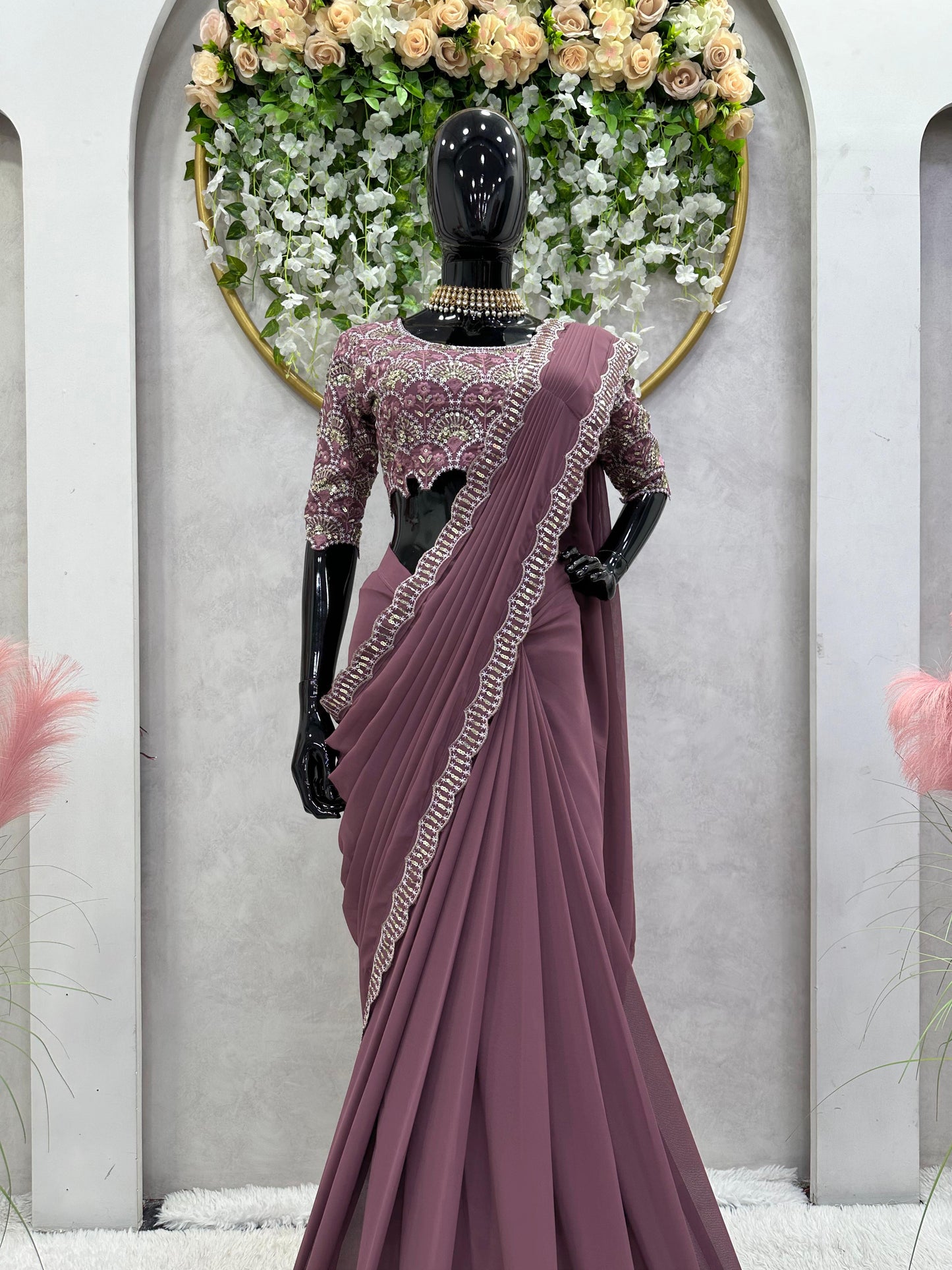 Ready To Wear Dusty Pink Saree With Sequence Work Blouse