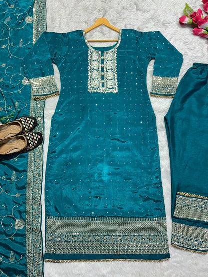 Embellished Embroidery Work Rama Color Anarkali Suit